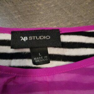 AB Studio bright pink shirt over a balck and white striped shirt